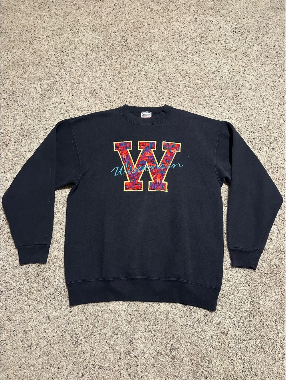 Vintage Oneita Power Sweats XL Black Crewneck Sweatshirt with Colorful W Appliqu
